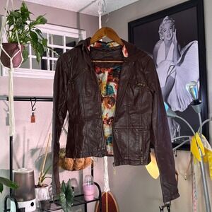 JouJou Women's Brown Genuine Leather Hooded Jacket Floral Lining Size Small